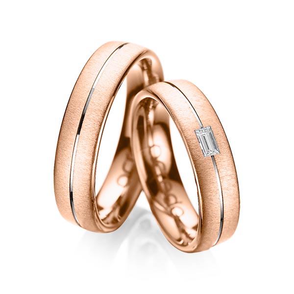 Paar bicolor Trauringe/Eheringe in Rotgold 750 River Platin 950 mit zus. 0,12 ct. Baguette-Diamant tw, vs von acredo - A-1019-2