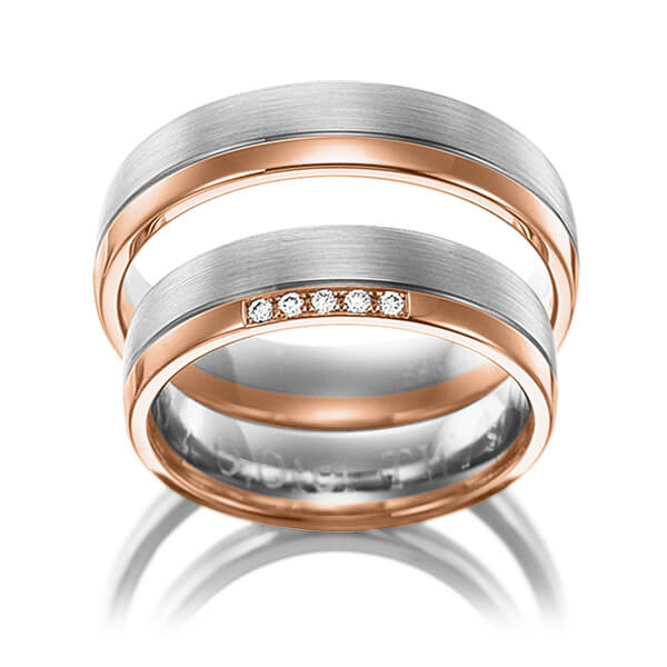 Paar bicolor Trauringe/Eheringe in Rotgold 750 Weissgold 750 mit zus. 0,05 ct. Brillant tw, si von Merii - M-1138-2
