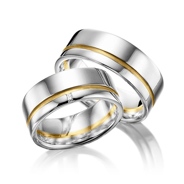 Paar bicolor Trauringe/Eheringe in Silber 925 Gelbgold 585 mit zus. 0,01 ct. Brillant tw, si von Merii