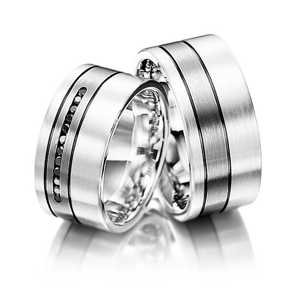 Paar bicolor Trauringe/Eheringe in Silber 925 Palladium 500 mit zus. 0,12 ct. Brillant schwarz von Merii