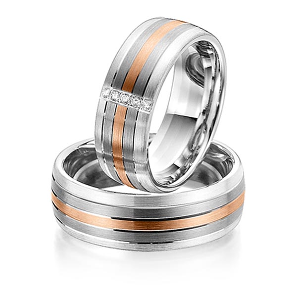 Paar bicolor Trauringe/Eheringe in Silber 925 Palladium 500 Rotgold 585 mit zus. 0,05 ct. Brillant tw, si von Steinberg