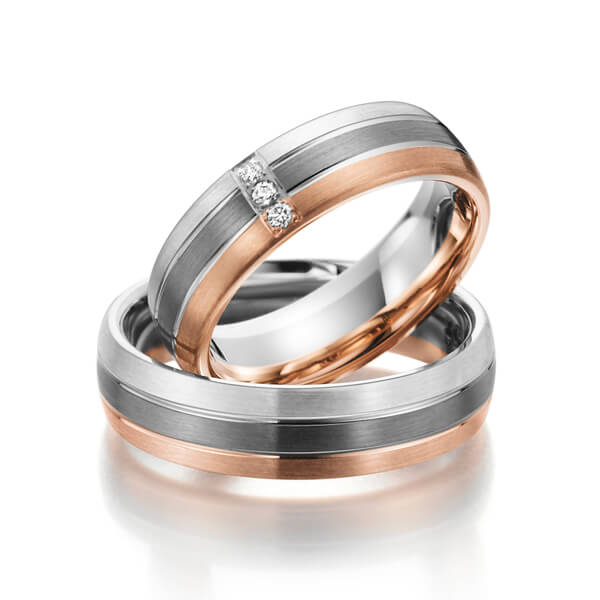 Paar bicolor Trauringe/Eheringe in Silber 925 Palladium 500 Rotgold 585 mit zus. 0,06 ct. Brillant tw, si von Steinberg