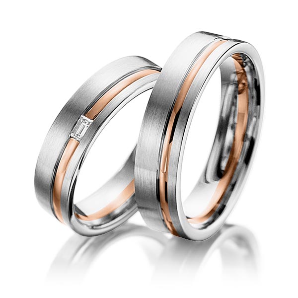 Paar bicolor Trauringe/Eheringe in Silber 925 Rotgold 585 mit zus. 0,05 ct. Baguette-Diamant tw, vs von Merii - M-1156-1 Paar bicolor Trauringe/Eheringe in Silber 925 Rotgold 585 mit zus. 0,05 ct. Baguette-Diamant tw, vs von Merii - M-1156-1