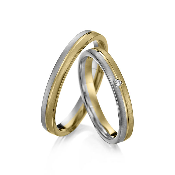 Paar bicolor Trauringe/Eheringe in Weißgold 375 Gelbgold 375 mit zus. 0,015 ct. Brillant tw, si von Merii - M-1001-1 Paar bicolor Trauringe/Eheringe in Weißgold 375 Gelbgold 375 mit zus. 0,015 ct. Brillant tw, si von Merii - M-1001-1