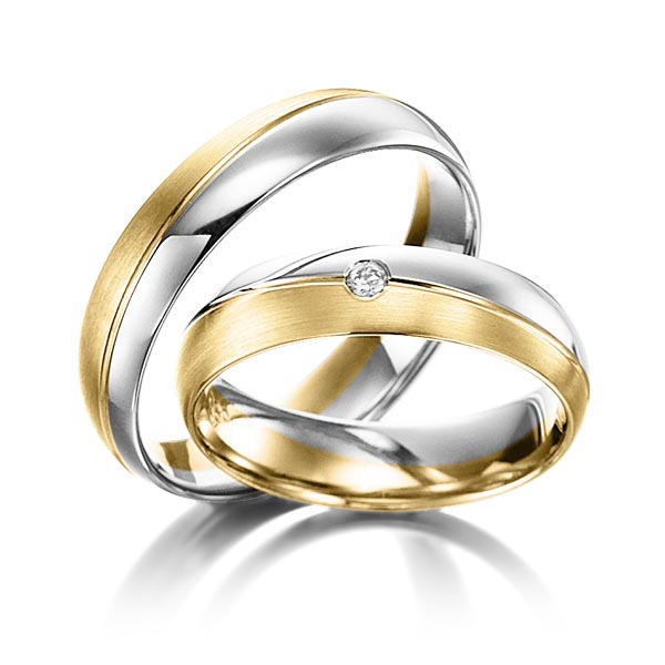 Paar bicolor Trauringe/Eheringe in Weißgold 375 Gelbgold 375 mit zus. 0,02 ct. Brillant tw, si 