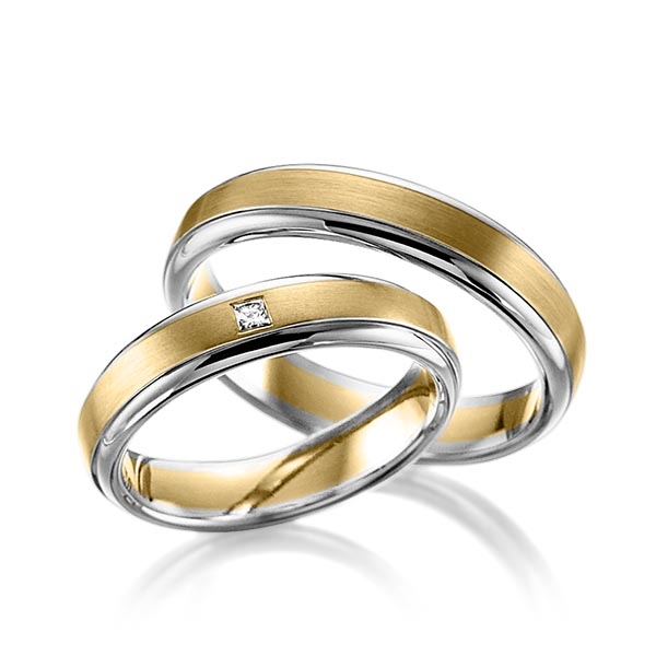 Paar bicolor Trauringe/Eheringe in Weißgold 375 Gelbgold 375 mit zus. 0,03 ct. Prinzess-Diamant tw, si 