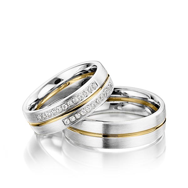 Paar bicolor Trauringe/Eheringe in Weißgold 375 Gelbgold 375 mit zus. 0,192 ct. Brillant tw, si von Steinberg - Q-1219-1 Paar bicolor Trauringe/Eheringe in Weißgold 375 Gelbgold 375 mit zus. 0,192 ct. Brillant tw, si von Steinberg - Q-1219-1