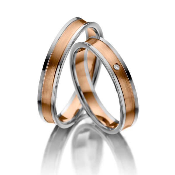 Paar bicolor Trauringe/Eheringe in Weißgold 375 Rotgold 375 mit zus. 0,01 ct. Brillant tw, vs - NP-1055-2 Paar bicolor Trauringe/Eheringe in Weißgold 375 Rotgold 375 mit zus. 0,01 ct. Brillant tw, vs - NP-1055-2