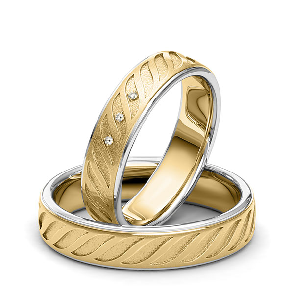 Paar bicolor Trauringe/Eheringe in Weißgold 585 Gelbgold 585 Laser Struktur mit zus. 0,015 ct. Brillant tw, si von 123GOLD