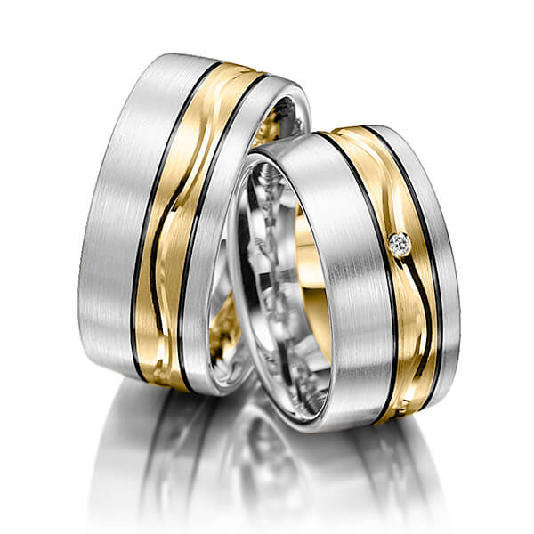Paar bicolor Trauringe/Eheringe in Weißgold 585 Gelbgold 585 mit zus. 0,015 ct. Brillant tw, si von Merii