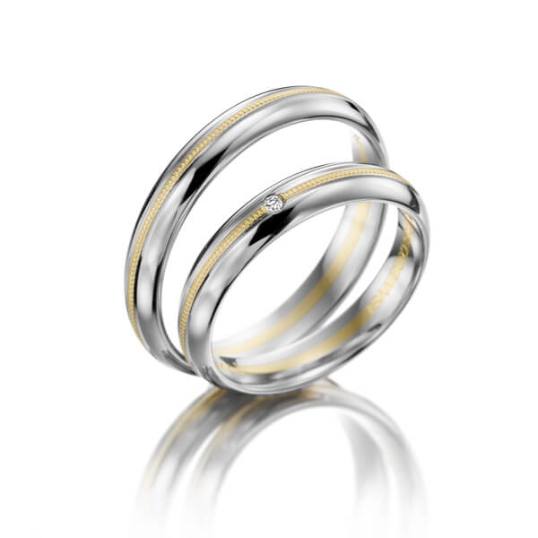 Paar bicolor Trauringe/Eheringe in Weißgold 585 Gelbgold 585 mit zus. 0,02 ct. Brillant tw, vs von acredo - S-1076-1