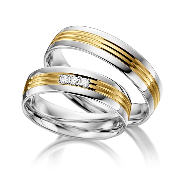 Paar bicolor Trauringe/Eheringe in Weißgold 585 Gelbgold 585 mit zus. 0,045 ct. Brillant tw, si von acredo