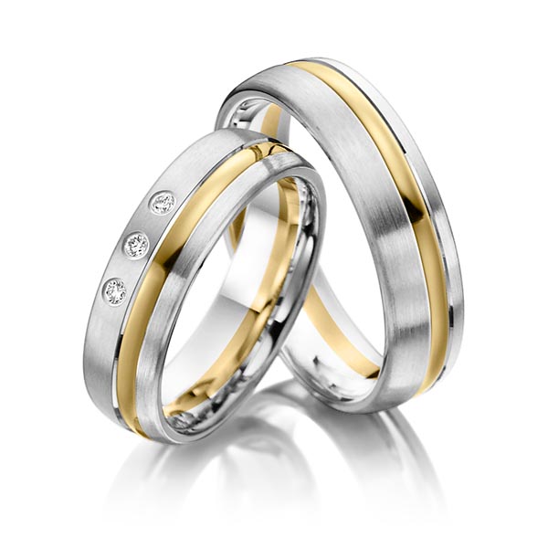 Paar bicolor Trauringe/Eheringe in Weißgold 585 Gelbgold 585 mit zus. 0,06 ct. Brillant tw, si von Steinberg