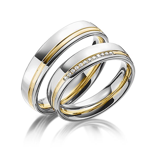 Paar bicolor Trauringe/Eheringe in Weissgold 585 Gelbgold 585 mit zus. 0,06 ct. Brillant tw, si von Steinberg