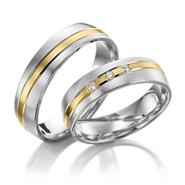 Paar bicolor Trauringe/Eheringe in Weißgold 585 Gelbgold 585 mit zus. 0,06 ct. Brillant tw, si von Steinberg