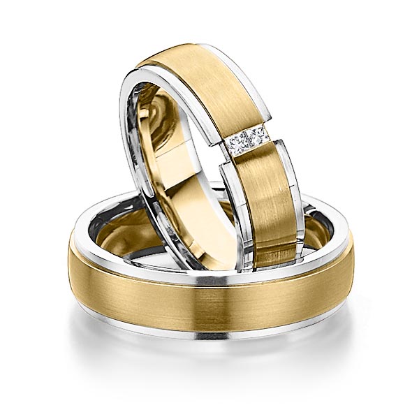 Paar bicolor Trauringe/Eheringe in Weissgold 585 Gelbgold 585 mit zus. 0,08 ct. Prinzess-Diamant tw, si von 123GOLD