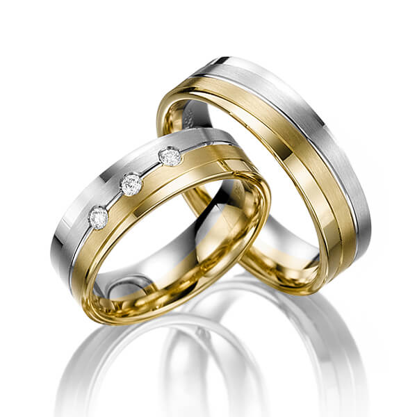 Paar bicolor Trauringe/Eheringe in Weißgold 585 Gelbgold 585 mit zus. 0,09 ct. Brillant tw, si 