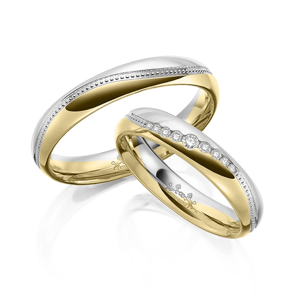 Paar bicolor Trauringe/Eheringe in Weissgold 585 Gelbgold 585 mit zus. 0,104 ct. Brillant tw, si tw, vs von Steinberg - Q-1651-2 Paar bicolor Trauringe/Eheringe in Weissgold 585 Gelbgold 585 mit zus. 0,104 ct. Brillant tw, si tw, vs von Steinberg - Q-1651-2