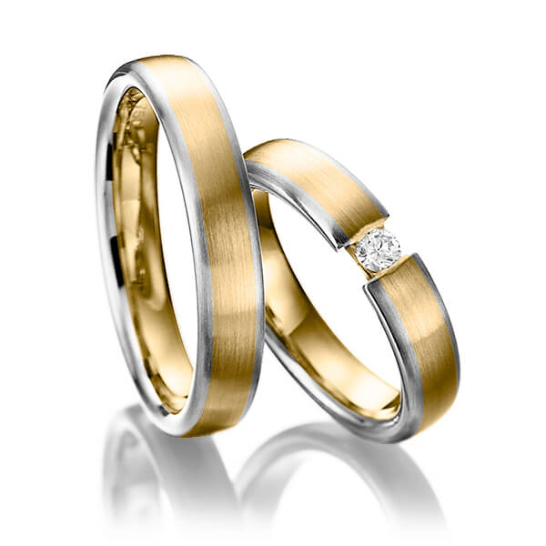 Paar bicolor Trauringe/Eheringe in Weißgold 585 Gelbgold 585 mit zus. 0,1 ct. Brillant tw, si von Steinberg - Q-1247-14 Paar bicolor Trauringe/Eheringe in Weißgold 585 Gelbgold 585 mit zus. 0,1 ct. Brillant tw, si von Steinberg - Q-1247-14