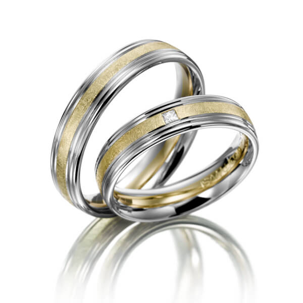 Paar bicolor Trauringe/Eheringe in Weißgold 585 Grüngold 585 mit zus. 0,03 ct. Prinzess-Diamant tw, si von acredo