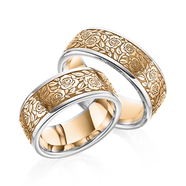 Paar bicolor Trauringe/Eheringe in Weissgold 585 Roségold 585 Laser Struktur von 123GOLD