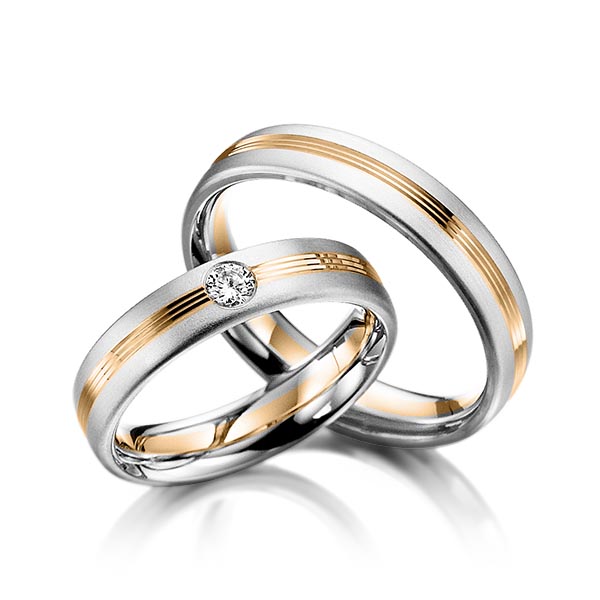 Paar bicolor Trauringe/Eheringe in Weissgold 585 Roségold 585 mit zus. 0,1 ct. Brillant tw, si von Steinberg