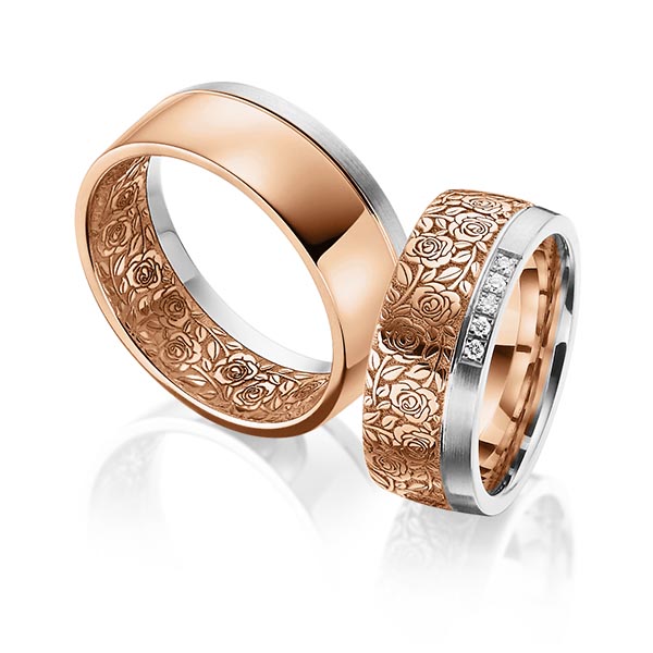 Paar bicolor Trauringe/Eheringe in Weißgold 585 Rotgold 585 Laser Struktur mit zus. 0,05 ct. Brillant tw, si von 123GOLD