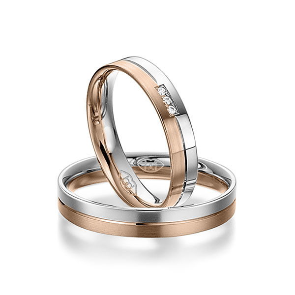 Paar bicolor Trauringe/Eheringe in Weissgold 585 Rotgold 585 mit zus. 0,024 ct. Brillant tw, si - NP-1209-2