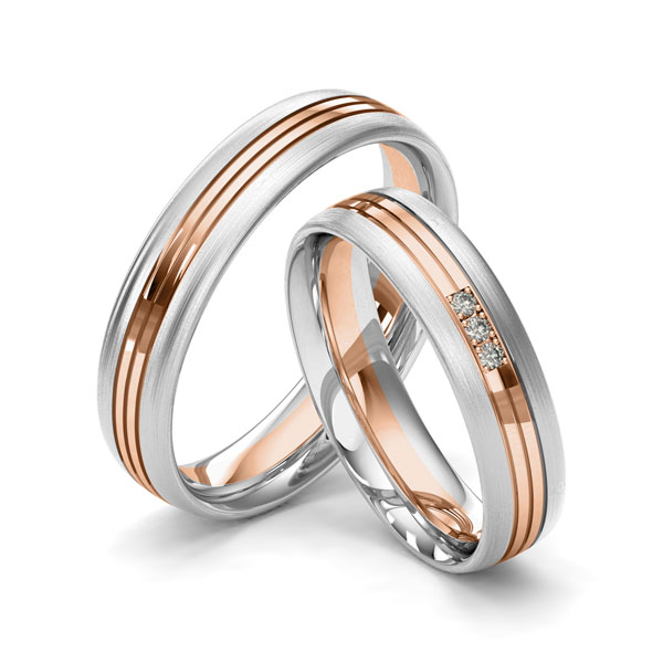 Paar bicolor Trauringe/Eheringe in Weissgold 585 Rotgold 585 mit zus. 0,024 ct. Brillant tw, si von Merii