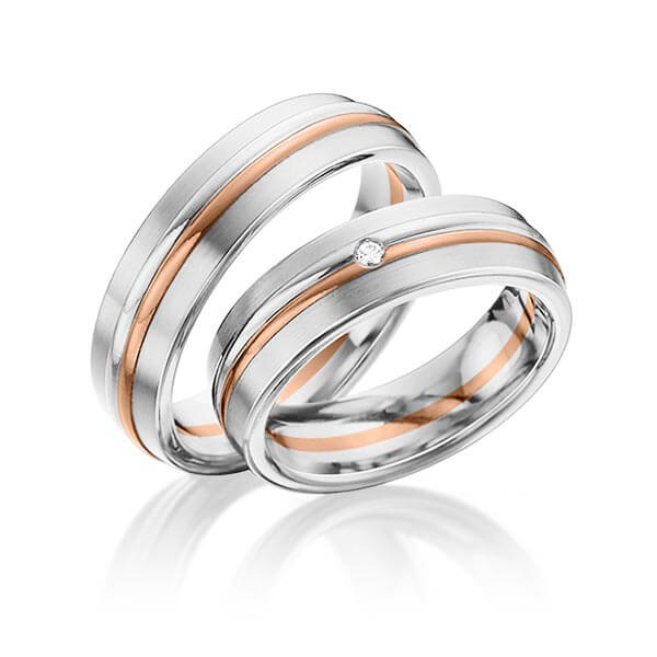 Paar bicolor Trauringe/Eheringe in Weißgold 585 Rotgold 585 mit zus. 0,025 ct. Brillant tw, si von 123GOLD