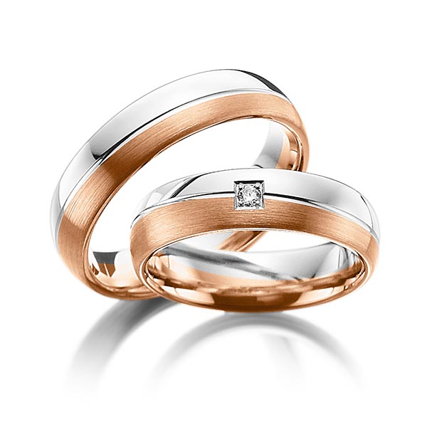 Paar bicolor Trauringe/Eheringe in Weißgold 585 Rotgold 585 mit zus. 0,03 ct. Brillant tw, si von Steinberg