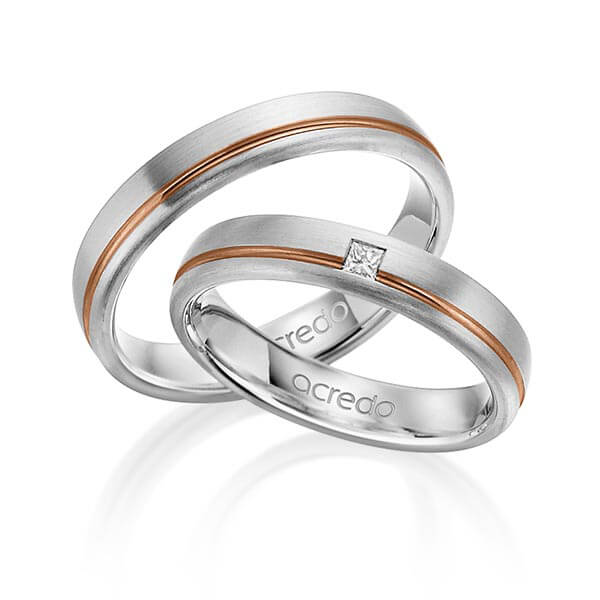 Paar bicolor Trauringe/Eheringe in Weißgold 585 Rotgold 585 mit zus. 0,03 ct. Prinzess-Diamant tw, si von acredo