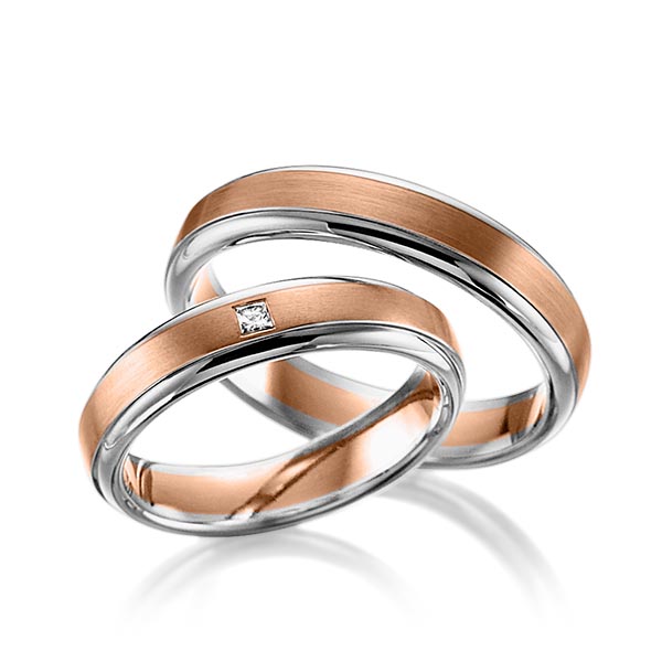 Paar bicolor Trauringe/Eheringe in Weißgold 585 Rotgold 585 mit zus. 0,03 ct. Prinzess-Diamant tw, vs von 123GOLD