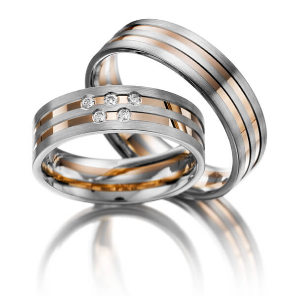 Paar bicolor Trauringe/Eheringe in Weißgold 585 Rotgold 585 mit zus. 0,05 ct. Brillant tw, si 