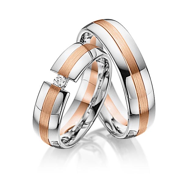Paar bicolor Trauringe/Eheringe in Weißgold 585 Rotgold 585 mit zus. 0,05 ct. Brillant tw, si von Steinberg - Q-1088-9 Paar bicolor Trauringe/Eheringe in Weißgold 585 Rotgold 585 mit zus. 0,05 ct. Brillant tw, si von Steinberg - Q-1088-9