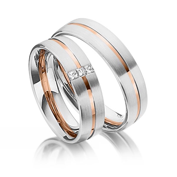 Paar bicolor Trauringe/Eheringe in Weissgold 585 Rotgold 585 mit zus. 0,09 ct. Prinzess-Diamant tw, si von Steinberg