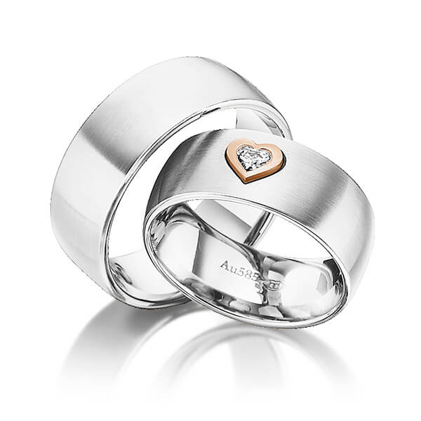 Paar bicolor Trauringe/Eheringe in Weissgold 585 Rotgold 585 mit zus. 0,12 ct. Herz-Diamant tw, vs von 123GOLD
