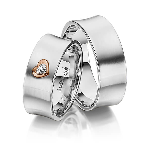 Paar bicolor Trauringe/Eheringe in Weißgold 585 Rotgold 585 mit zus. 0,12 ct. Herz-Diamant tw, vs von 123GOLD
