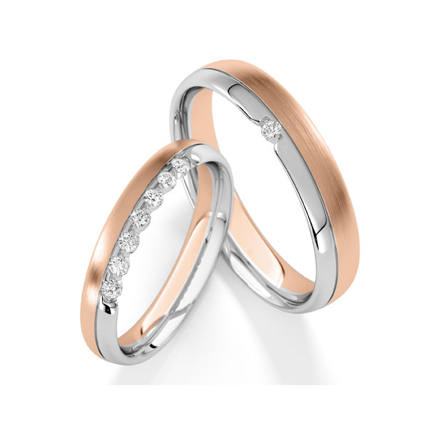 Paar bicolor Trauringe/Eheringe in Weißgold 585 Rotgold 585 mit zus. 0,16 ct. tw, vs von Steinberg - Q-1795-8 Paar bicolor Trauringe/Eheringe in Weißgold 585 Rotgold 585 mit zus. 0,16 ct. tw, vs von Steinberg - Q-1795-8