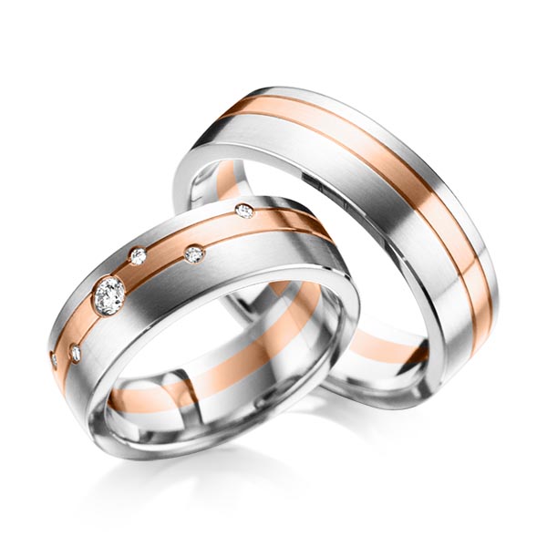 Paar bicolor Trauringe/Eheringe in Weißgold 585 Rotgold 585 mit zus. 0,18 ct. Brillant tw, si von acredo - A-6021-12 Paar bicolor Trauringe/Eheringe in Weißgold 585 Rotgold 585 mit zus. 0,18 ct. Brillant tw, si von acredo - A-6021-12