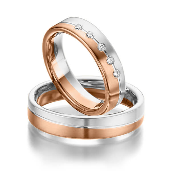 Paar bicolor Trauringe/Eheringe in Weissgold 585 Rotgold 585 mit zus. 0,1 ct. Brillant tw, si von Steinberg - Q-1095-8 Paar bicolor Trauringe/Eheringe in Weissgold 585 Rotgold 585 mit zus. 0,1 ct. Brillant tw, si von Steinberg - Q-1095-8