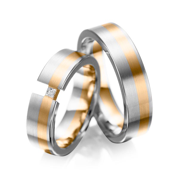 Paar bicolor Trauringe/Eheringe in Weissgold 750 Roségold 750 mit zus. 0,05 ct. Prinzess-Diamant tw, si von acredo - A-1025-7