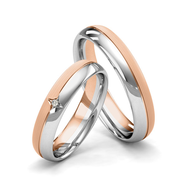 Paar bicolor Trauringe/Eheringe in Weißgold 750 Rotgold 750 mit zus. 0,01 ct. Brillant tw, si von Merii - M-1196-3 Paar bicolor Trauringe/Eheringe in Weißgold 750 Rotgold 750 mit zus. 0,01 ct. Brillant tw, si von Merii - M-1196-3