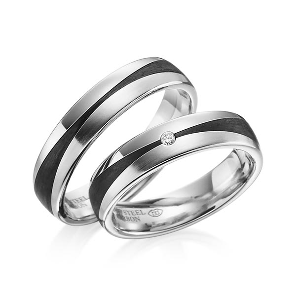 Paar Carbon Trauringe/Eheringe in Edelstahl Edelstahl Carbon-Einzug mit zus. 0,02 ct. Brillant tw, si von 123GOLD