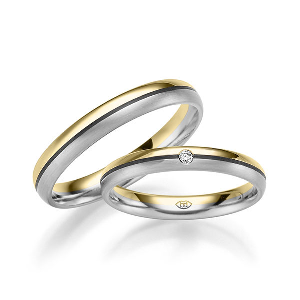 Paar Carbon Trauringe/Eheringe in Gelbgold 585 Edelstahl mit zus. 0,02 ct. Brillant tw, si von 123GOLD