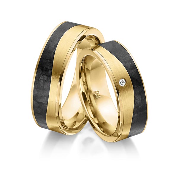 Paar Carbon Trauringe/Eheringe in Gelbgold 585 Gelbgold 585 Carbon-Einzug mit zus. 0,02 ct. Brillant tw, si von acredo - S-1176-3 Paar Carbon Trauringe/Eheringe in Gelbgold 585 Gelbgold 585 Carbon-Einzug mit zus. 0,02 ct. Brillant tw, si von acredo - S-1176-3