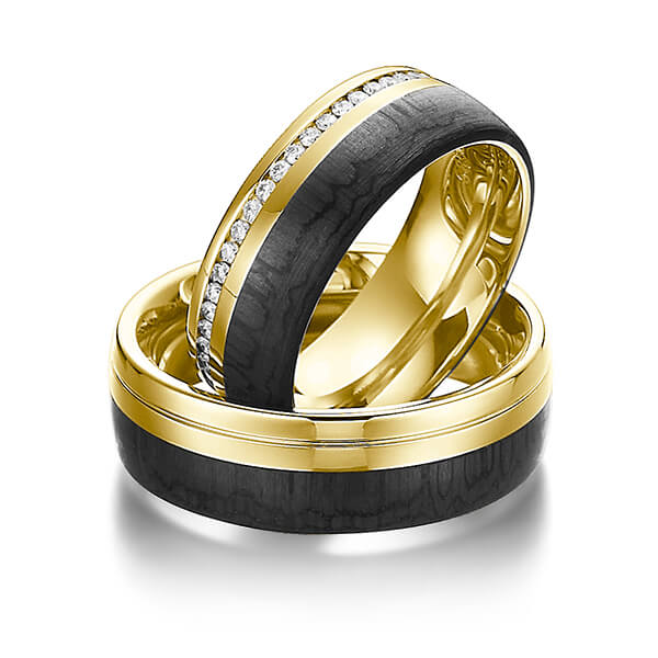 Paar Carbon Trauringe/Eheringe in Gelbgold 585 Gelbgold 585 Carbon-Einzug mit zus. 0,4 ct. Brillant tw, si von 123GOLD