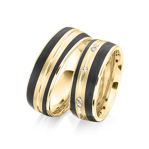 Paar Carbon Trauringe/Eheringe in Gelbgold 585 Gelbgold 585 mit Carbon-Einzug mit zus. 0,15 ct. Brillant tw, si von 123GOLD