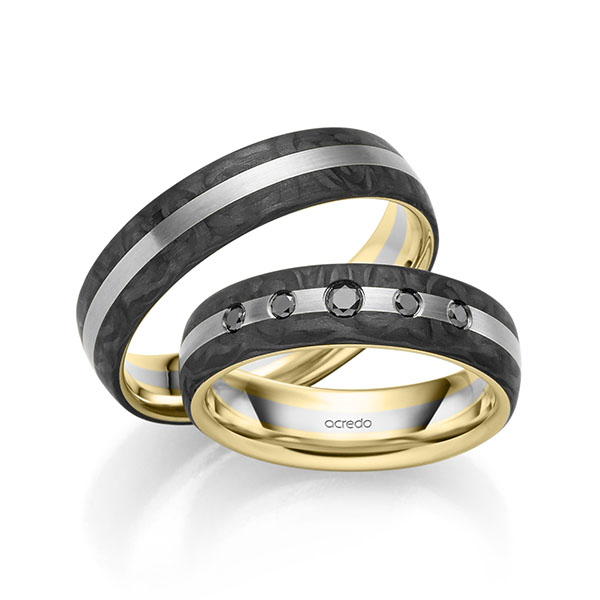 Paar Carbon Trauringe/Eheringe in Gelbgold 750 River Platin 950 mit zus. 0,15 ct. Brillant schwarz von acredo - S-1310-3 Paar Carbon Trauringe/Eheringe in Gelbgold 750 River Platin 950 mit zus. 0,15 ct. Brillant schwarz von acredo - S-1310-3