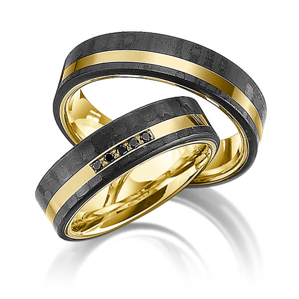 Paar Carbon Trauringe/Eheringe in Gelbgold 916 mit Carbon-Einzug mit zus. 0,05 ct. Brillant schwarz von 123GOLD - Y-1319-2